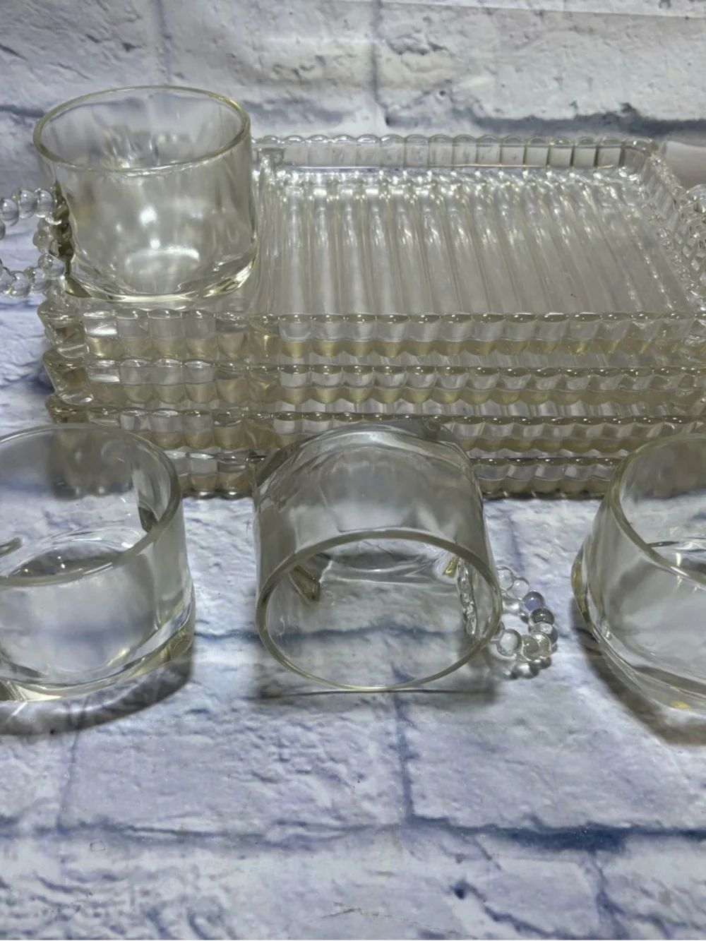 Set of 4 Vtg Hazel Atlas Glass Snack Luncheon Plates Sip And Smoke Ball & Rib